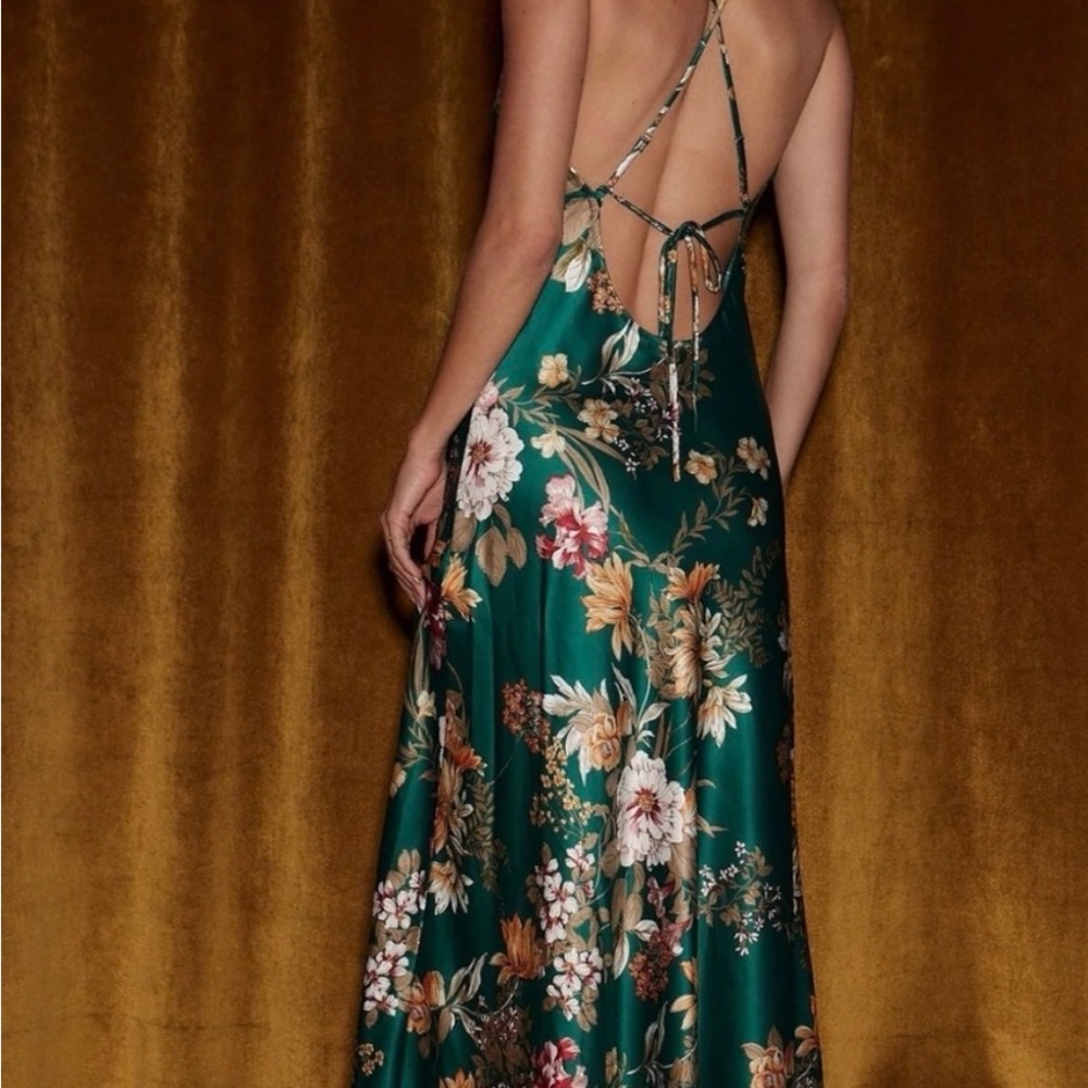 12TH TRIBE • Natalia Emerald Floral Cowl Neck Dress with Side Slit - Picture 2 of 6